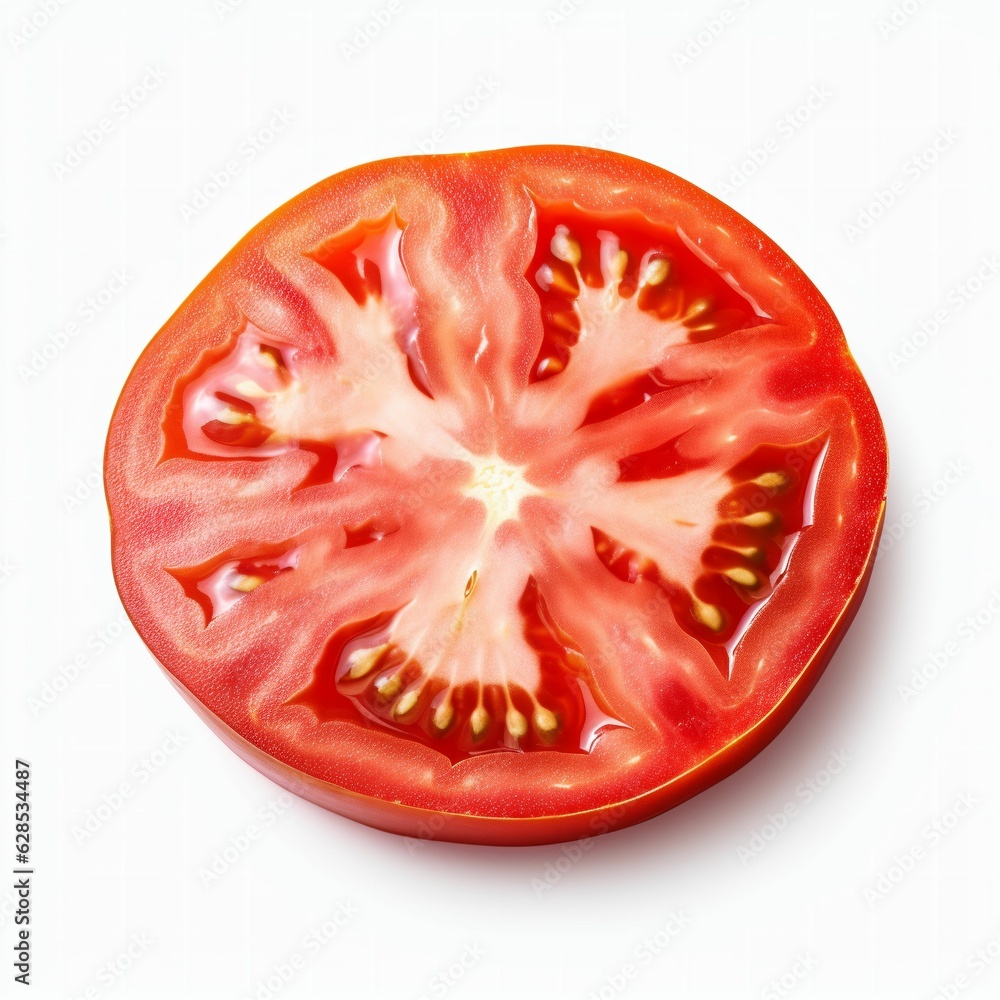 AI generated illustration of a large, ripe tomato resting on a white background AI generated illustration of a large, ripe tomato resting on a white background