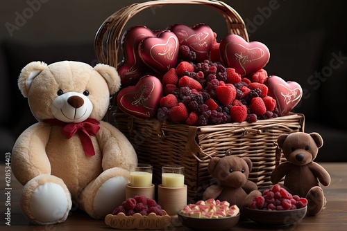 Plush teddy bear beside fruit bowls and a bottle of wine, AI-generated. photo