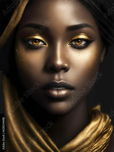 AI generated illustration of an African American female with glowing eyes and gold makeup