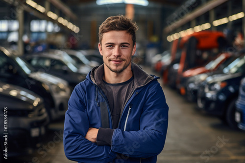 Engine of Industry: High-Resolution Portrait of a Young Mechanic Standing Confidently in a Bustling Car Factory Workshop