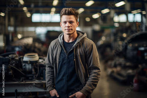 Engine of Industry: High-Resolution Portrait of a Young Mechanic Standing Confidently in a Bustling Car Factory Workshop