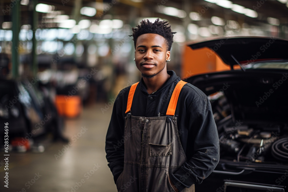 Engine of Industry: High-Resolution Portrait of a Young Mechanic Standing Confidently in a Bustling Car Factory Workshop Engine of Industry: High-Resolution Portrait of a Young Mechanic Standing Confidently in a Bustling Car Factory Workshop