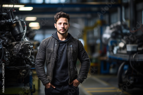 Engine of Industry: High-Resolution Portrait of a Young Mechanic Standing Confidently in a Bustling Car Factory Workshop © Moritz