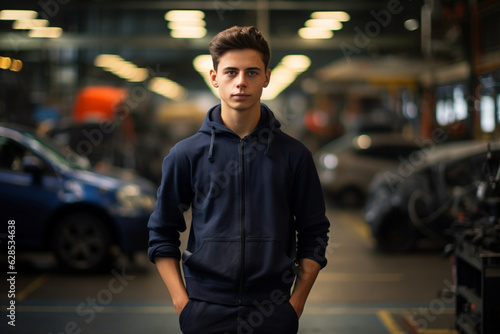 Engine of Industry: High-Resolution Portrait of a Young Mechanic Standing Confidently in a Bustling Car Factory Workshop