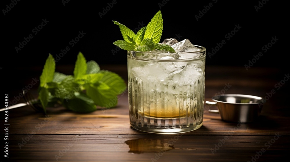 AI generated illustration of a glass of an ice and mint cocktail on a tabletop AI generated illustration of a glass of an ice and mint cocktail on a tabletop