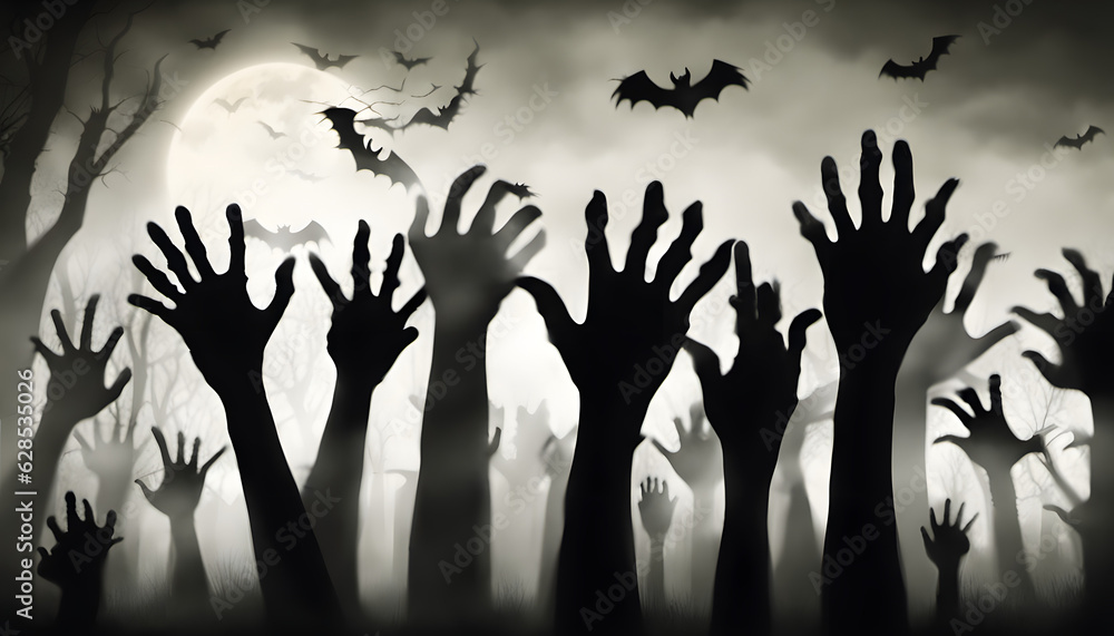 Zombie hand emerging from the ground, Graveyard in spooky death Forest At Halloween Night