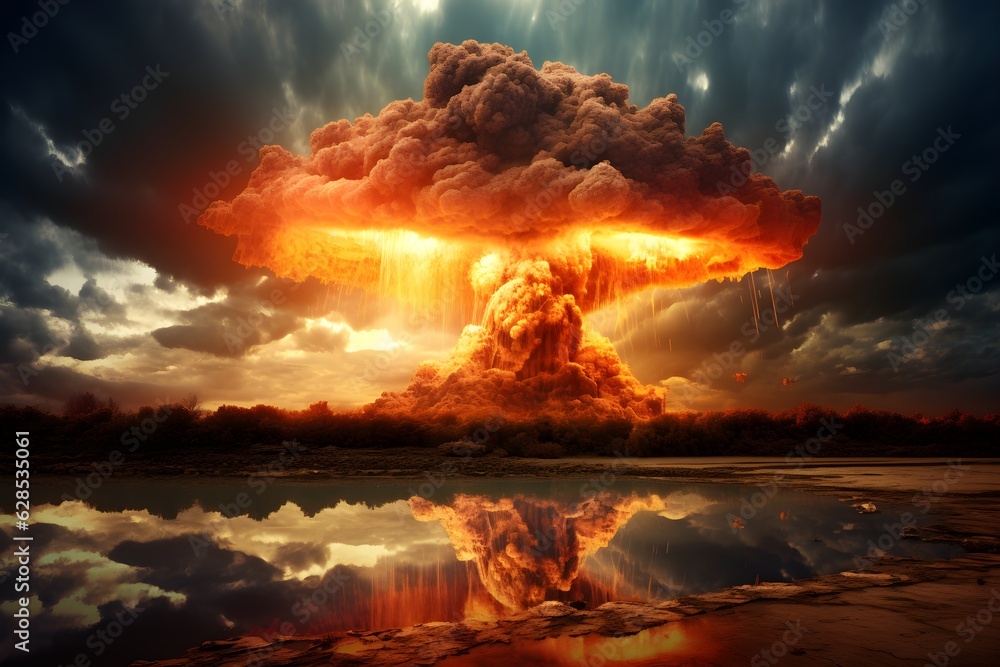 Big bomb coming from the sky, in the style of photo-realistic landscapes, apocalypse landscape, nuclear art created with Generative AI technology