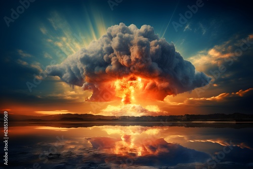 Big bomb coming from the sky, in the style of photo-realistic landscapes, apocalypse landscape, nuclear art created with Generative AI technology