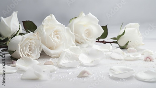AI generated illustration of white roses in full bloom, accompanied by a scattering