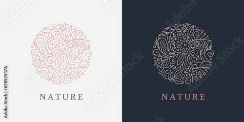 Vector linear plant logo. Circle luxury organic emblem. Abstract badge for natural products, flower shop, cosmetics, ecology concepts, health, spa, yoga center. Leaves and florals icon.