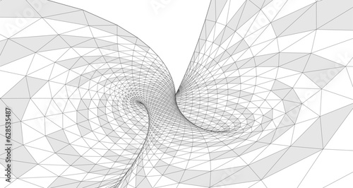 3D art, VR, gray line, perspective loop, digital abstract swirl vector background. Linear illustration, wireframe dynamic wallpaper. Tunnel, internet, network connect concept. Cyberspace technology