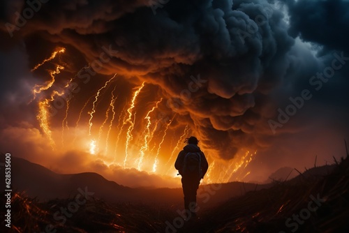 AI generated illustration of a young man wearing a backpack is trekking through a fiery forest