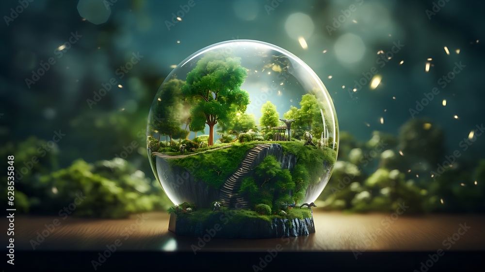 Climate protection illustration with green trees and crystal globe, illustration of sustainable environment concept