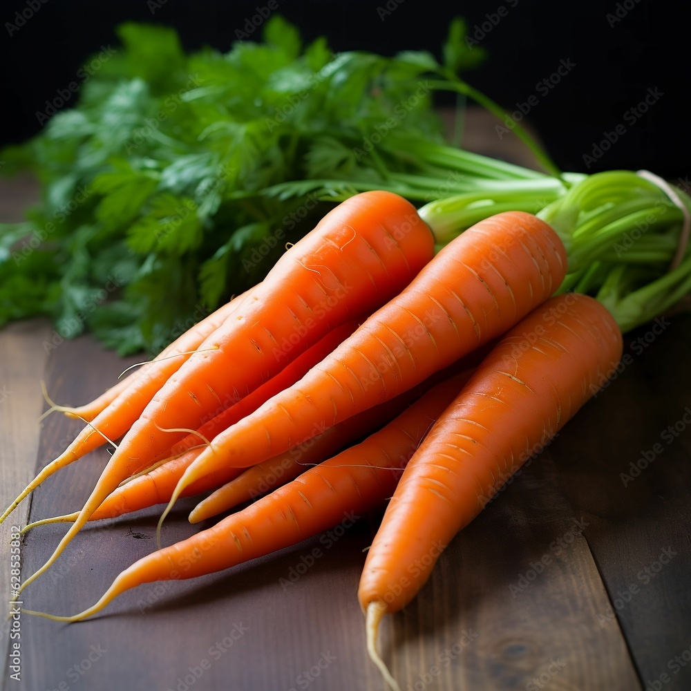 Closeup of fresh carrots on a wooden table, AI-generated. Closeup of fresh carrots on a wooden table, AI-generated.