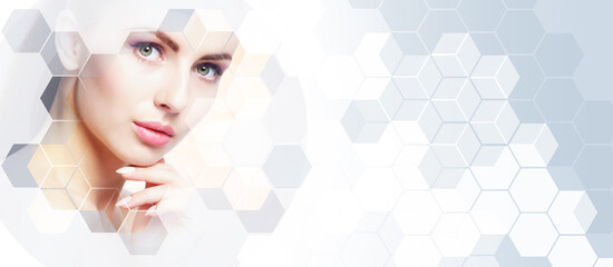 Portrait of healthy and beautiful woman. Female face in honeycomb texture. Young girl in plastic surgery, medicine, spa and face lifting concept.