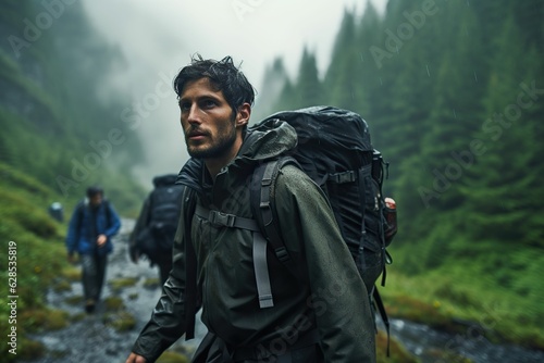 AI generated illustration of a young male hiker wearing a backpack walking in a rocky stream