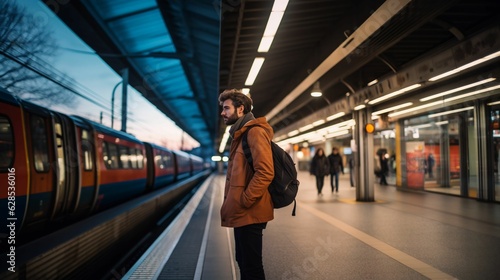 AI generated illustration of a young man wearing a backpack standing in a train station