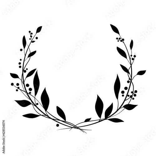Obraz na plátne Monochrome elegant floral round frame of two branches with leaves and berries