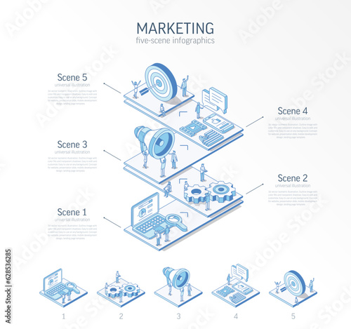 3d line isometric digital marketing infographic template. Mobile advertising strategy, seo presentation layout. 5 option steps, process parts, growth concept. Business people team. Social media icons