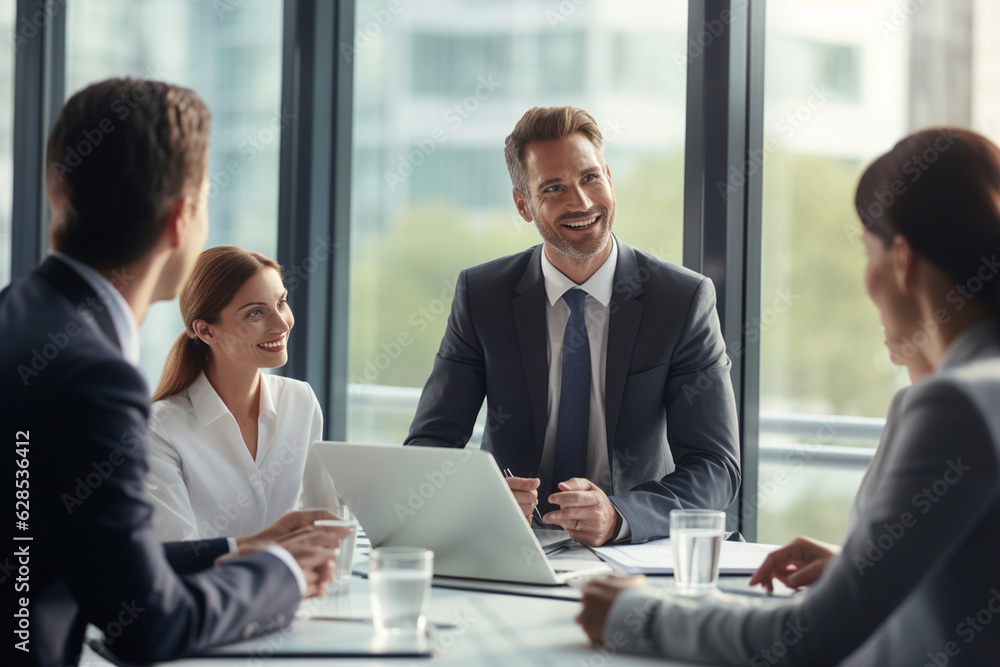 A confident team leader leading a business meeting, setting the agenda and guiding the conversation Generative AI A confident team leader leading a business meeting, setting the agenda and guiding the conversation Generative AI