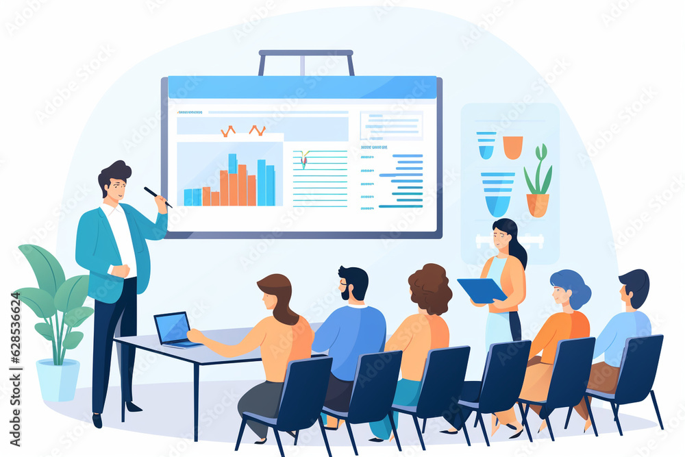 A dynamic business meeting with visual aids and presentations to support key points Generative AI A dynamic business meeting with visual aids and presentations to support key points Generative AI