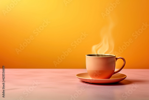 Cup of fresh coffee on the table with orange gradient light and empty space