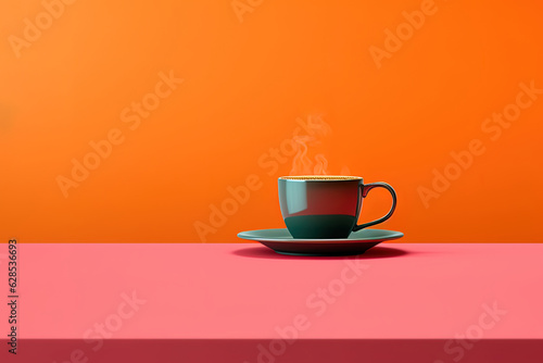 Cup of fresh coffee on the table with orange gradient light and empty space