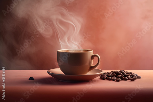 Close-up with cup and coffee beans on top of the table  smoke and pink gradient background