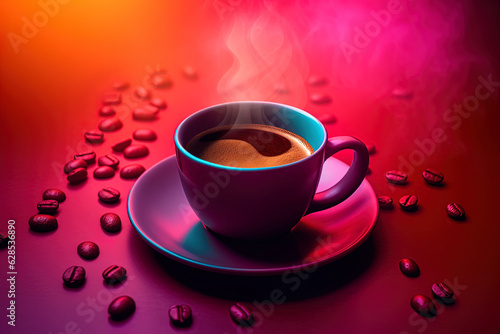 Top view of cup with fresh coffee, grains and smoke on colorful background with soft light