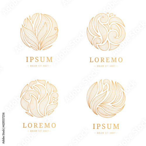 Vector set of golden leaves luxury linear plant logos. Circle organic emblems. Abstract badges for cofee, cosmetics, ecology concepts, health, spa, yoga center. Royal ornament.