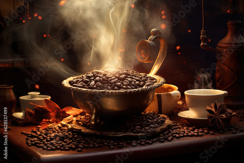 Close up with cup and coffee beans, accessories on the wooden table and soft light
