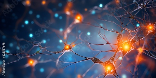 Neuron cells in a dark, in the style of dark orange and light gold, photorealistic fantasies created with Generative AI technology