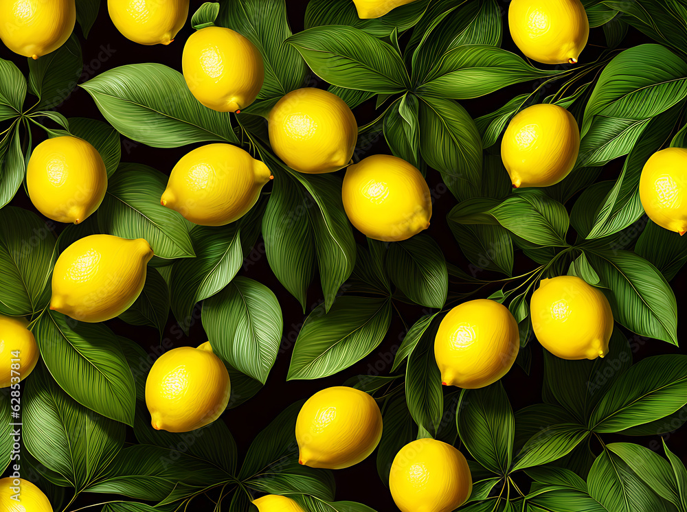 Floral background lemons leaves realistic vintage colors.