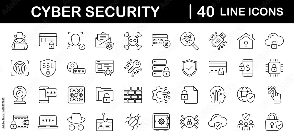 Cyber security set of web icons in line style. Internet protection icons for web and mobile app. Data protection, network, technology, password, key, shield, lock, password, eye access, spam, hacker