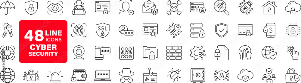 Cyber security set of web icons in line style. Internet protection icons for web and mobile app. Data protection, network, technology, password, key, shield, lock, password, eye access, spam, hacker - obrazy, fototapety, plakaty 