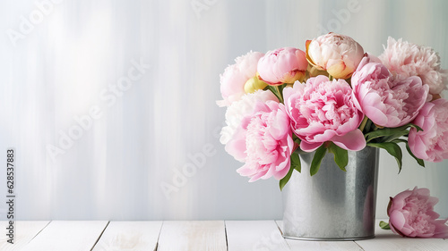 pink peonies in an iron bucket background with a copy space.