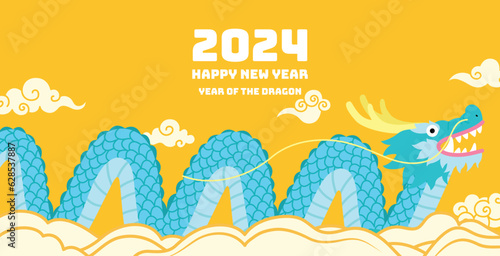 Happy chinese new year of dragon 2024 card illustration with funny dragon in waves and clouds background.