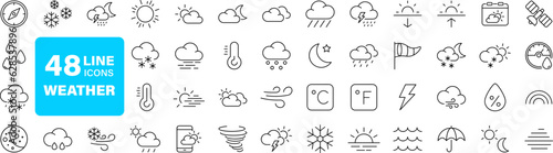 Weather set of web icons in line style. Forecast weather icons for web and mobile app. Forecast, clouds, sunny day, wind, snowflakes, sun, rain, thunder storm, dew, wind, moon. Vector illustration