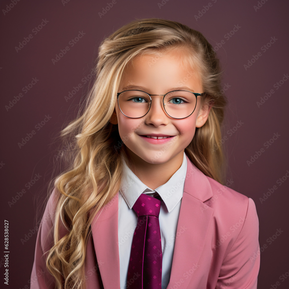portrait of a smiling little girl with a cap and glasses
