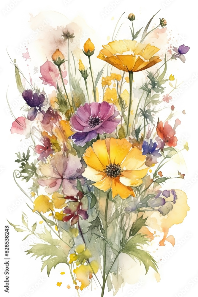 Watercolor wildflowers bouquet on white background
