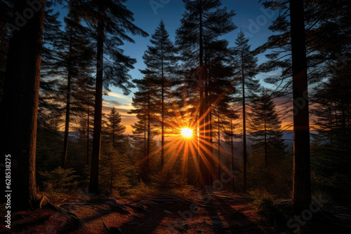 A sunrise in a forest from a low angle  looking up at the trees. The sun is visible through the trees  creating a starburst effect. The trees are tall and coniferous