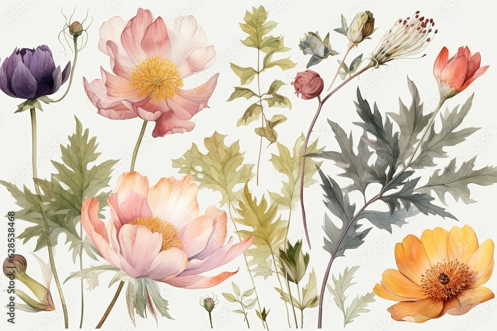 Watercolor flowers botanical illustration on white background