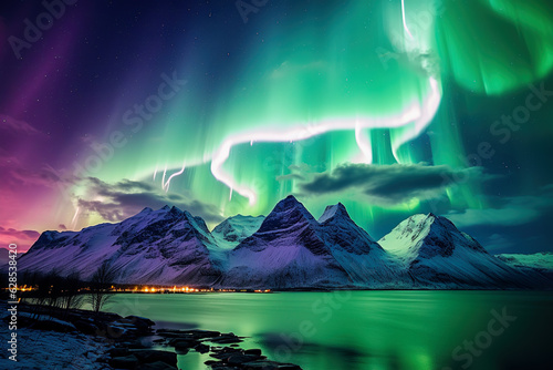 Glacial lagoon in Iceland under aurora. Night sky with polar lights. Night winter landscape with northern lights and reflection on the water surface. 