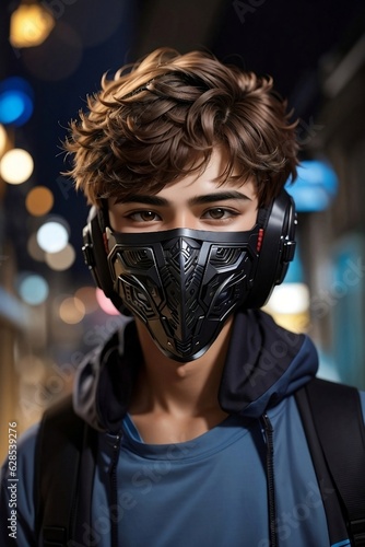 Handsome teenager wearing mask and headset