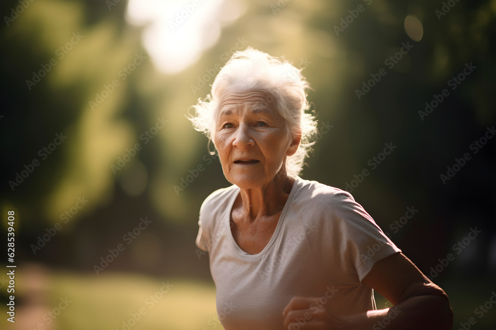 Portrait beautiful old woman taking run on park in summer warm sunny day. AI generated Portrait beautiful old woman taking run on park in summer warm sunny day. AI generated