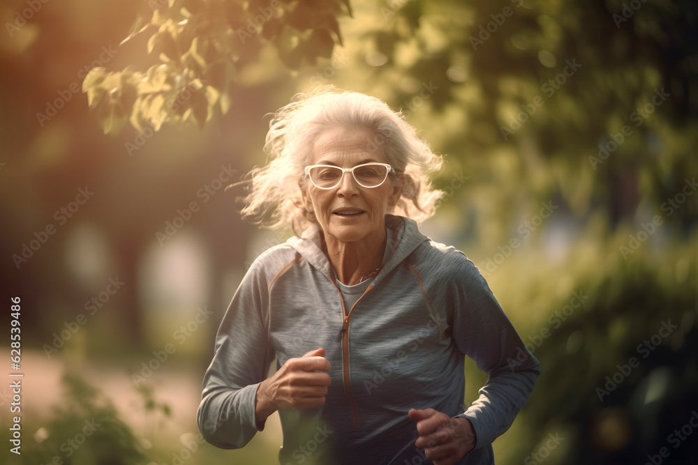 Portrait beautiful old woman taking run on park in summer warm sunny day. World Mental Health Month