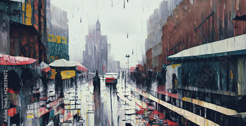 illustrazione di ampio viale cittadino circondato da edifici, giornata autunnale piovosa photo