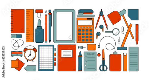 Doodle set of stationery. Vector illustration in a flat cartoon style. Hand drawn icons isolated on white background. 