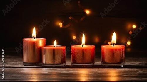 Four Advent candles in Christmas time, Advent season. Flickering flames cast soft in the dark with bokeh, inviting glow, illuminating scene with sense of hope and joy. AI generated