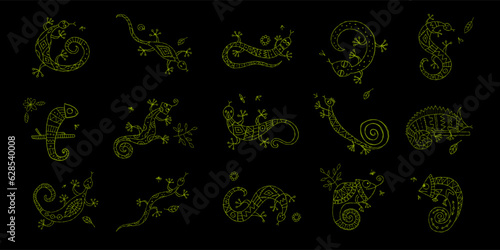 Lizard characters, jungle animal. Chameleon icons set for your design